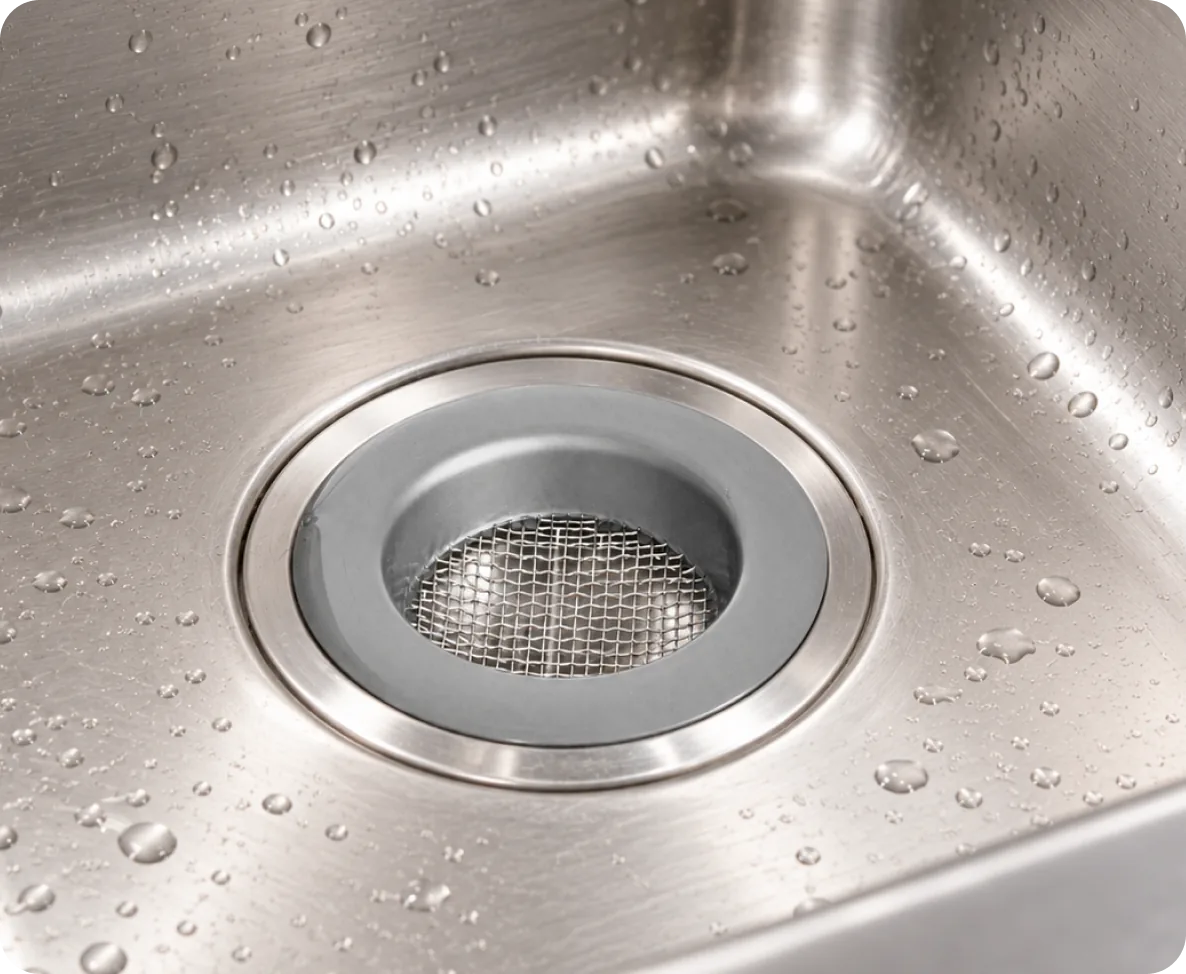 Filtro para bacha DF color plata instalado en el desagüe de una bacha de cocina
