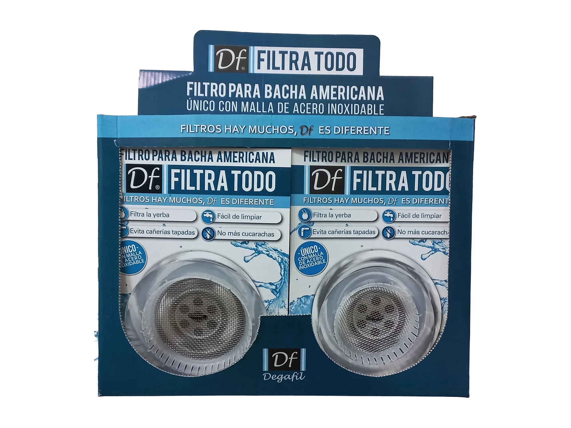 Caja exhibidora DF Filtra Todo con filtros para bacha americana