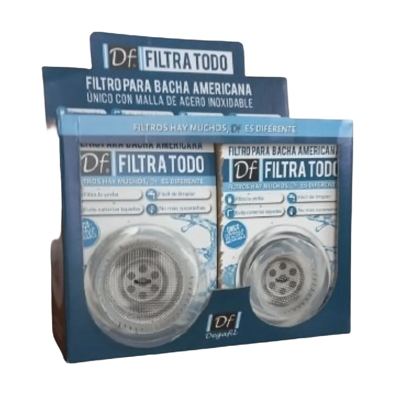 Caja exhibidora DF Filtra Todo con filtros para bacha americana