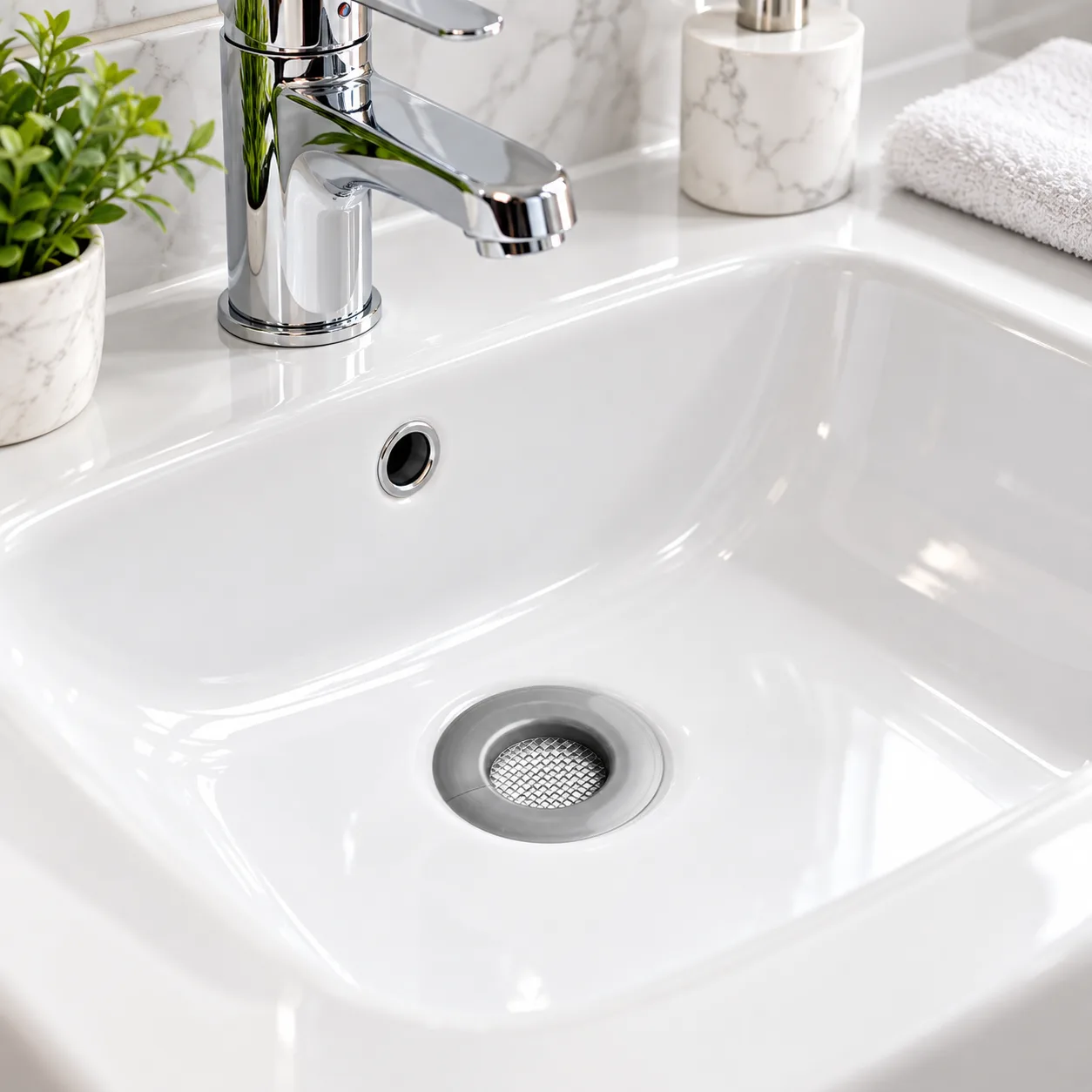 Filtro para lavatorio y bidet DF instalado en el desagüe de un lavatorio