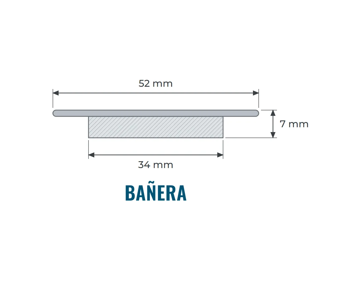 Medidas del filtro para bañera DF: 52 mm de ala, 34 mm abajo y 7 mm de alto