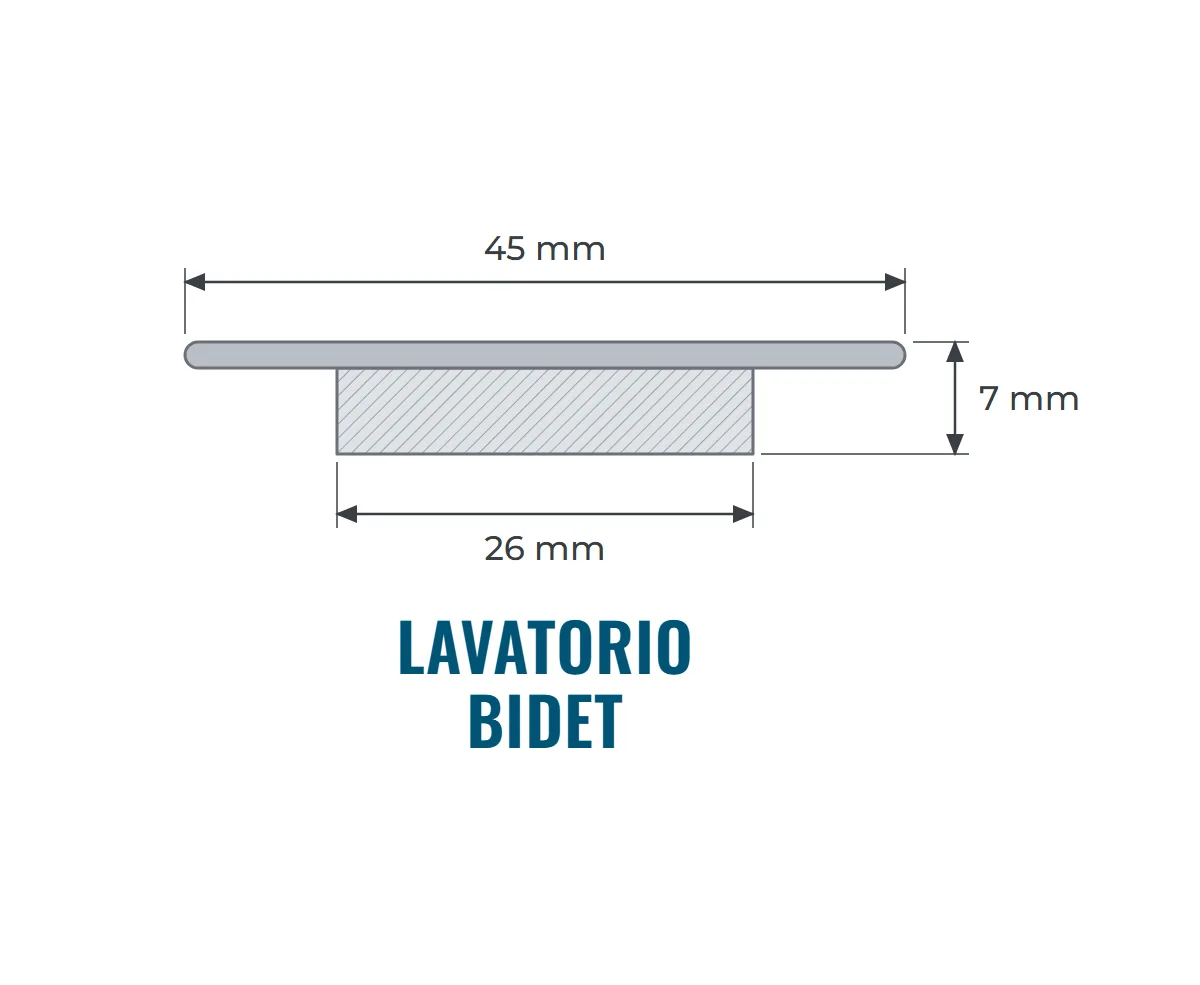 Medidas del filtro para lavatorio y bidet DF: 45 mm de ala, 26 mm abajo y 7 mm de alto