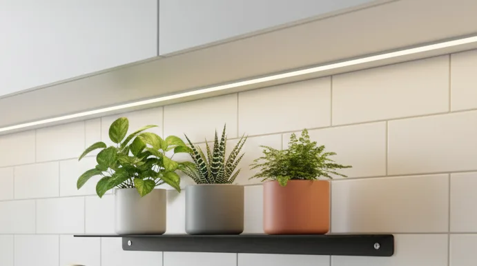 Organizador estante DF negro mate con plantas en una cocina