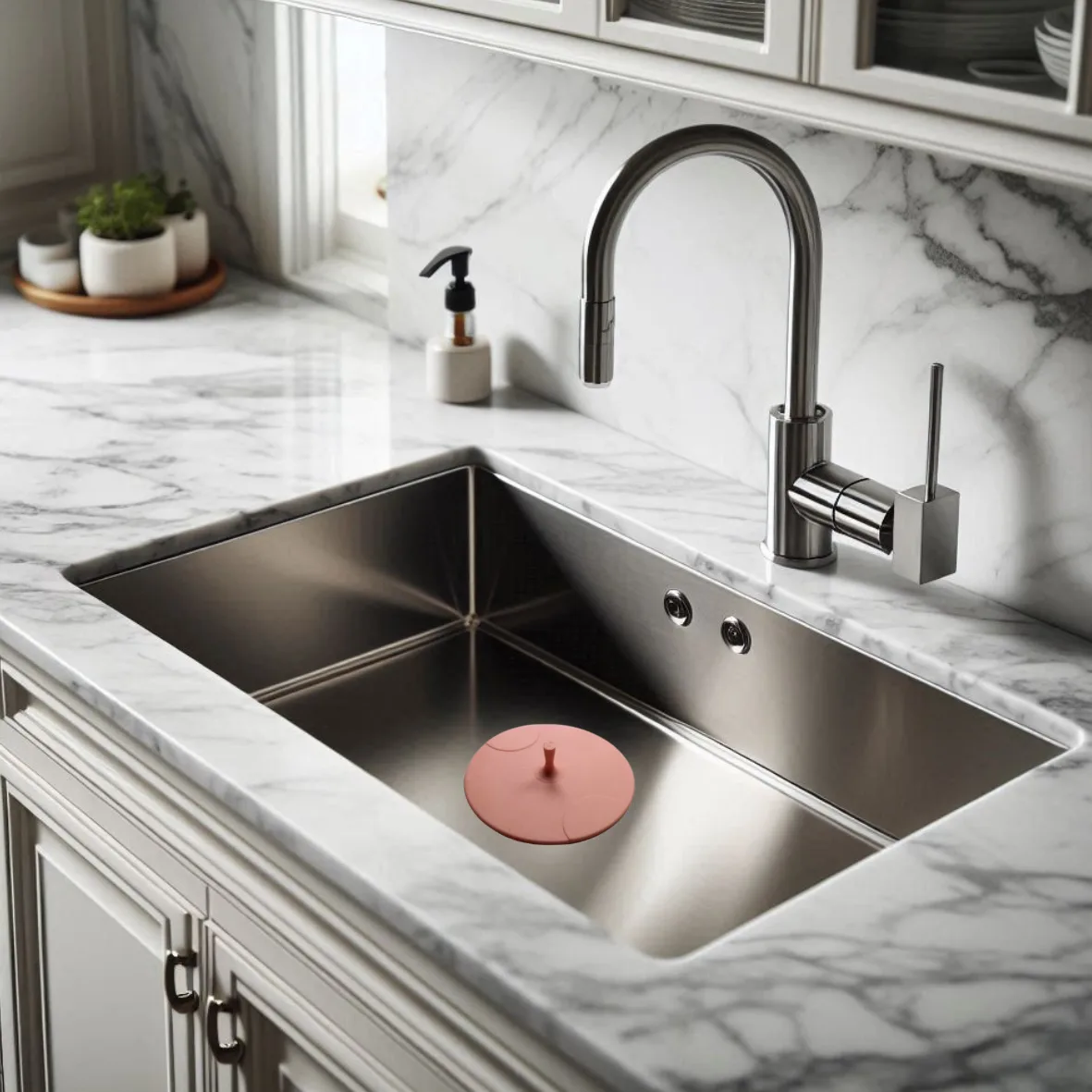 Tapón universal autoadherente DF rosa sobre una bacha de cocina