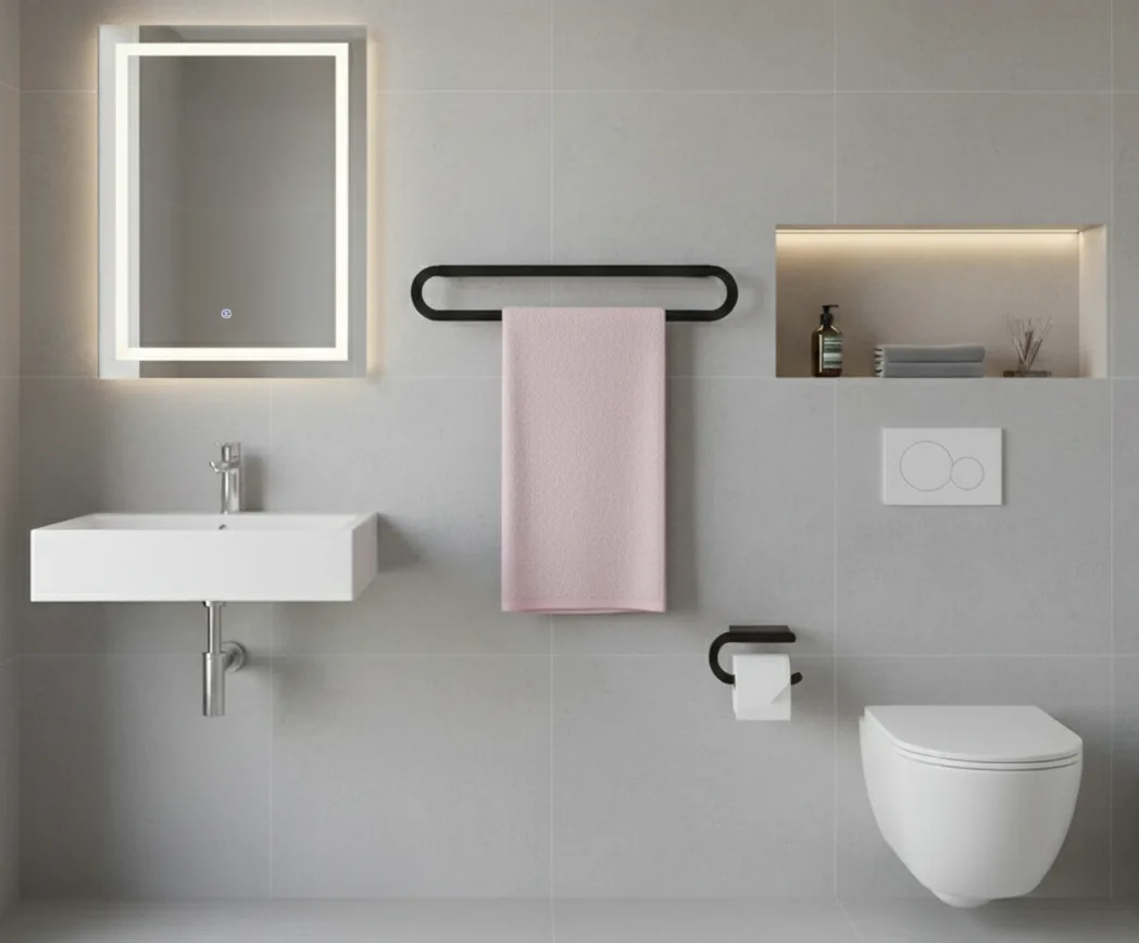 Toallero grande DF negro mate con toalla rosa en un baño